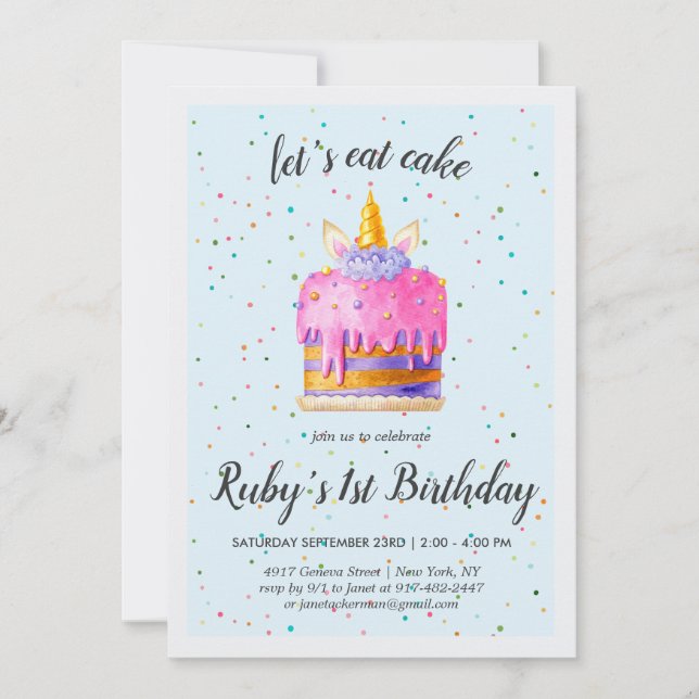 Invitación de cumpleaños para pastel de unicornio  (Anverso)