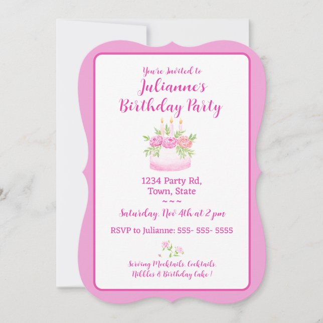 Invitación de cumpleaños para pastel rosa bonito (Anverso)