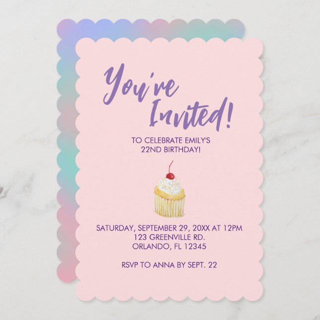 Invitación de cumpleaños para pasteles rosados pas (Anverso / Reverso)