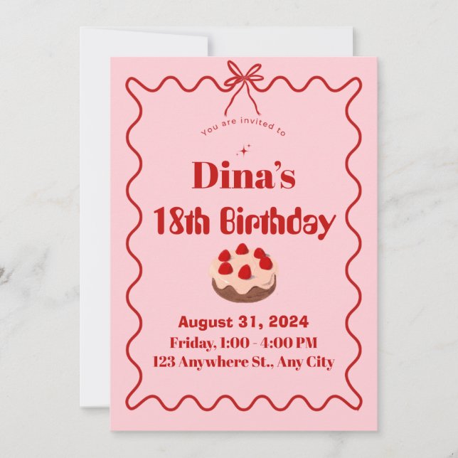 Invitación de cumpleaños para pastelito de fresa r (Anverso)