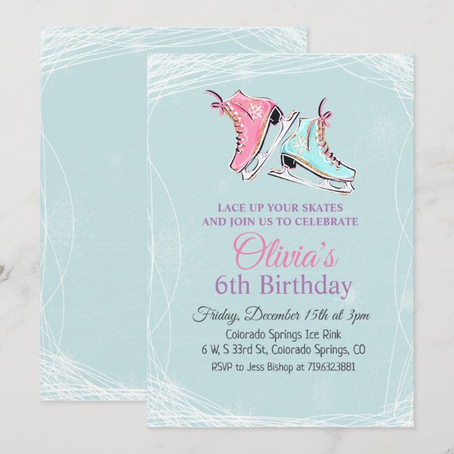 Invitación de cumpleaños para patinaje sobre hielo (Anverso / Reverso)