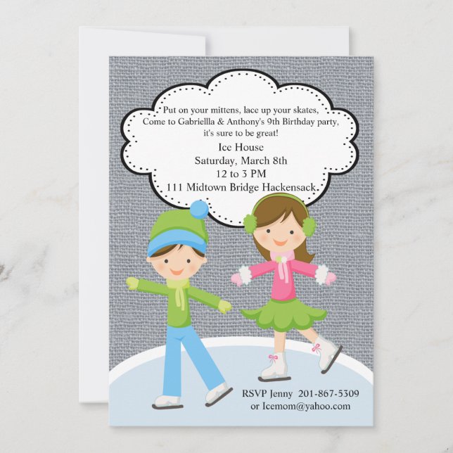 Invitación de cumpleaños para patinar sobre hielo  (Anverso)