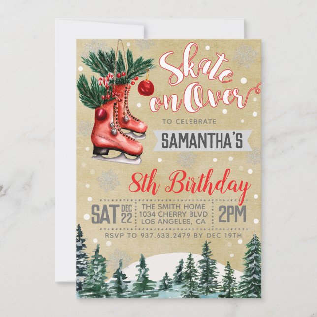 Invitación de cumpleaños para patinar sobre hielo (Anverso)