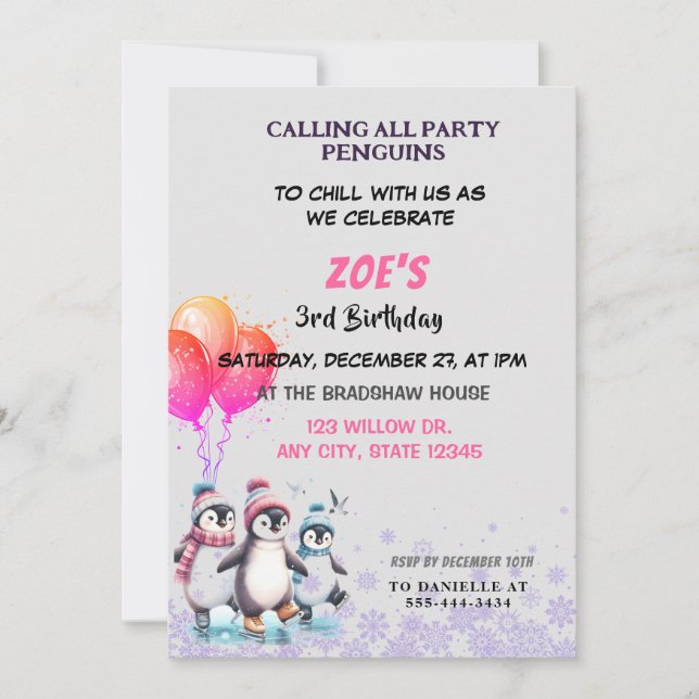 Invitación de cumpleaños para patinar sobre hielo  (Anverso)