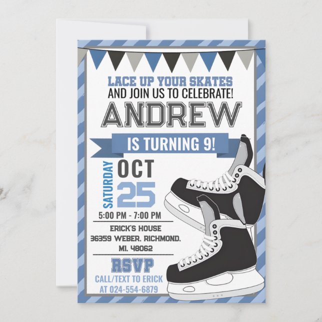 Invitación de cumpleaños para patinar sobre hockey (Anverso)