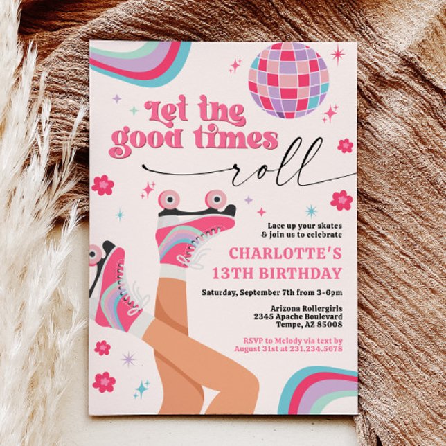 Invitación de cumpleaños para patinar sobre ruedas (Roller Skate Skating Retro Groovy Girl Birthday Invitations)