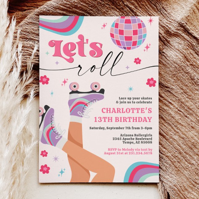 Invitación de cumpleaños para patinar sobre ruedas (Roller Skating Birthday Invitation Retro Groovy Rainbow)