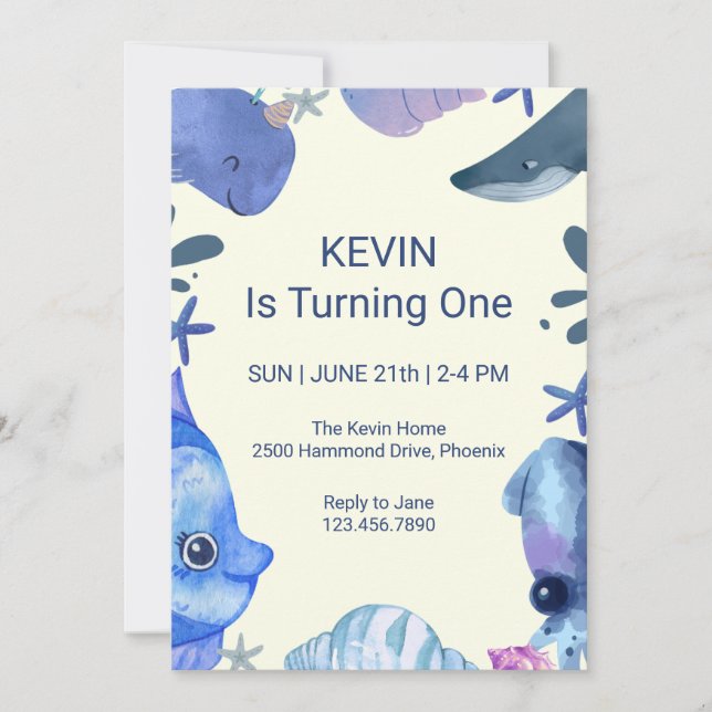 Invitación de cumpleaños para peces acuarela (Anverso)
