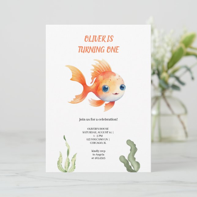 invitación de cumpleaños para peces naranjas (Anverso de pie)