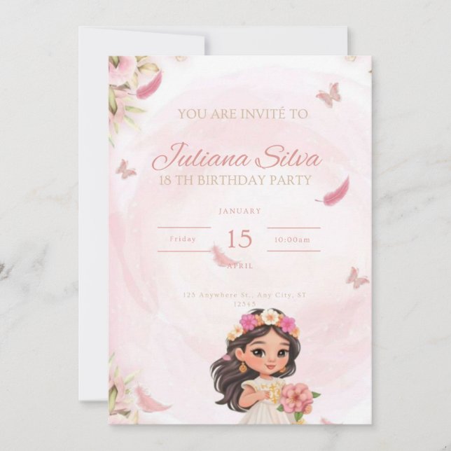 Invitación de cumpleaños para pequeña princesa  (Anverso)