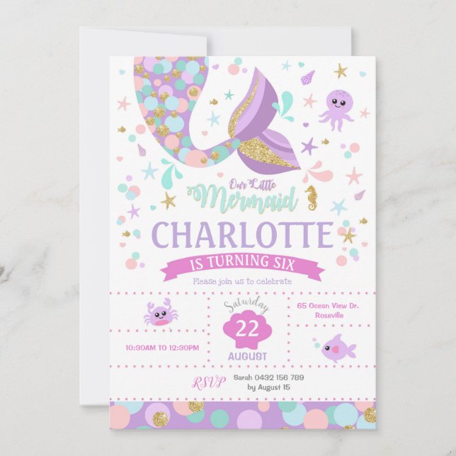 Invitación de cumpleaños para pequeñas sirenas (Anverso)