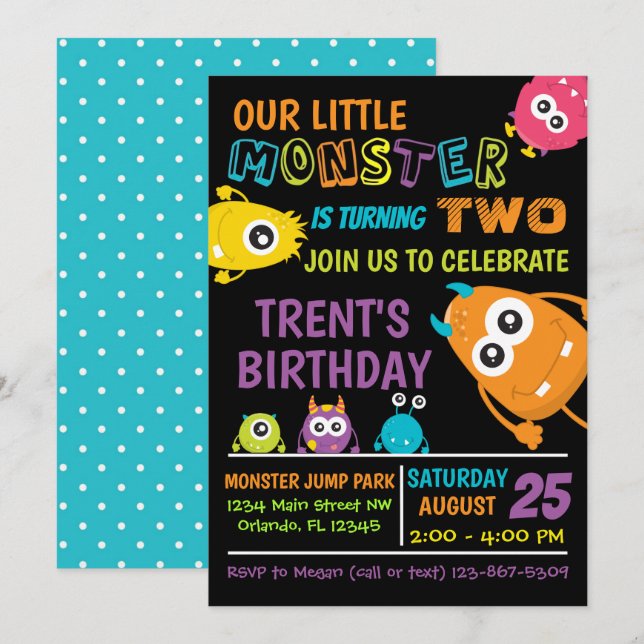 Invitación de cumpleaños para pequeño monstruo (Anverso / Reverso)