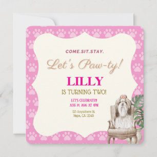 Invitación de cumpleaños para perro con patas rosa