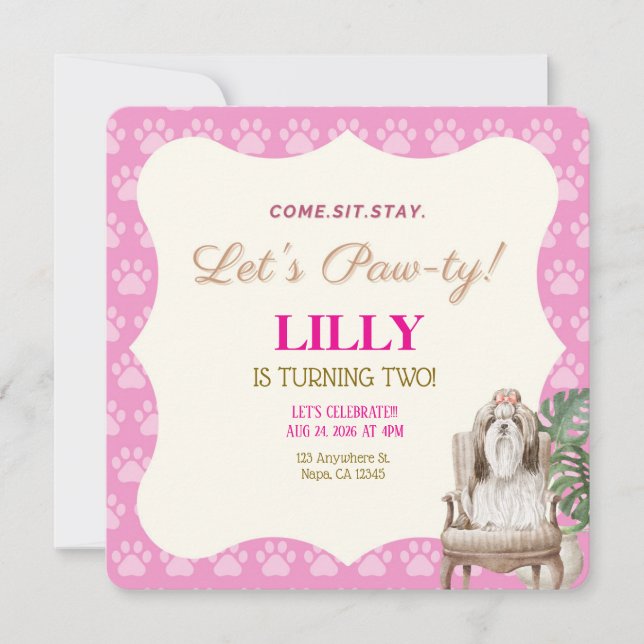 Invitación de cumpleaños para perro con patas rosa (Anverso)