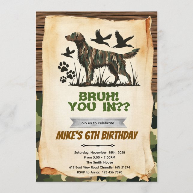 Invitación de cumpleaños para perro de caza (Anverso)