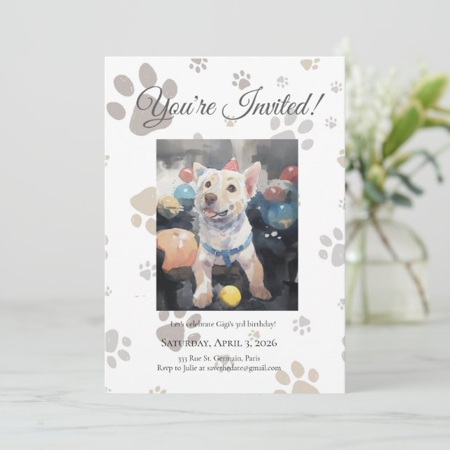 Invitación de cumpleaños para perro inspirada en f (Anverso de pie)