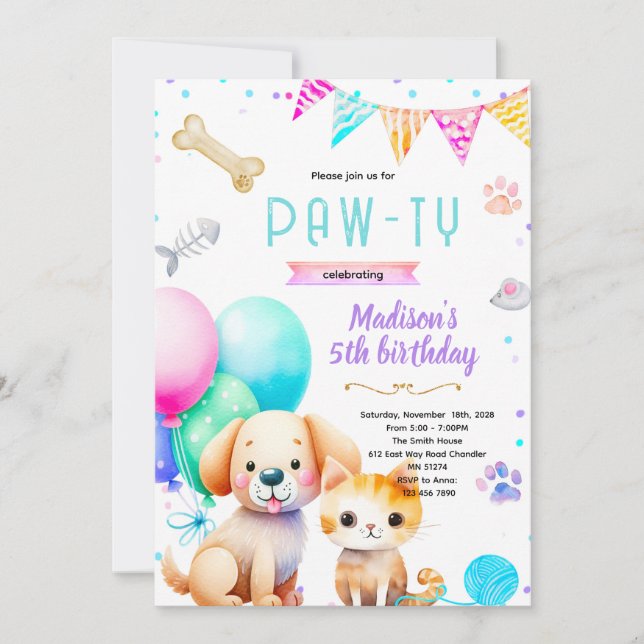 Invitación de cumpleaños para perro y gato (Anverso)