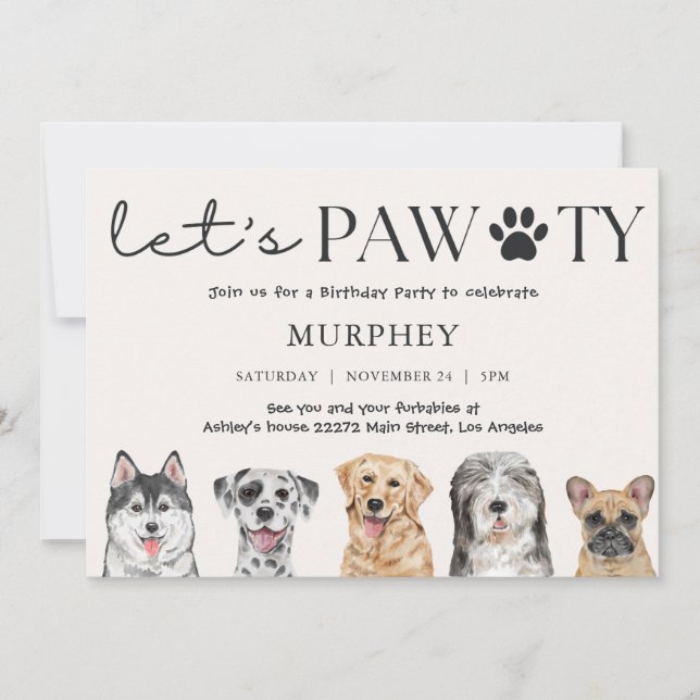 Invitación de cumpleaños para perros Vamos a Pawty (Anverso)