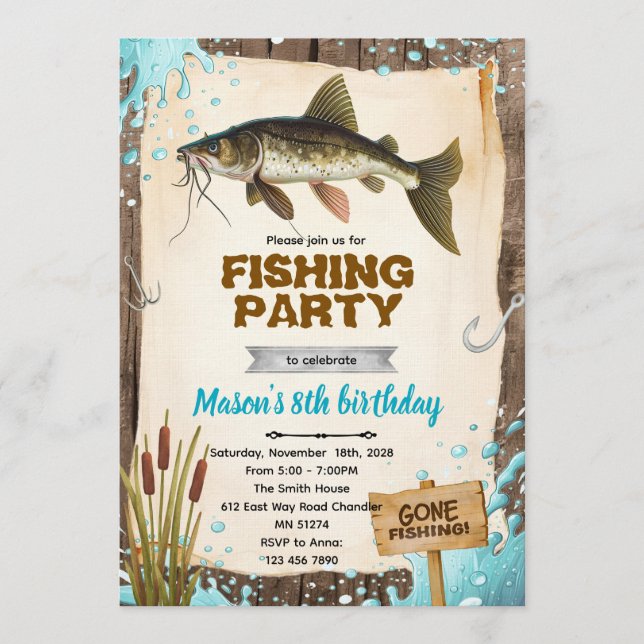 Invitación de cumpleaños para pesca de bagre (Anverso)