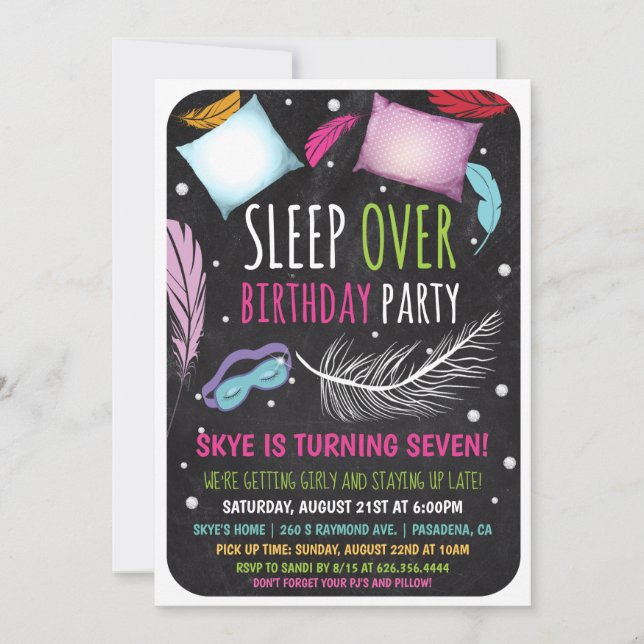 Invitación de cumpleaños para pijamada (Anverso)