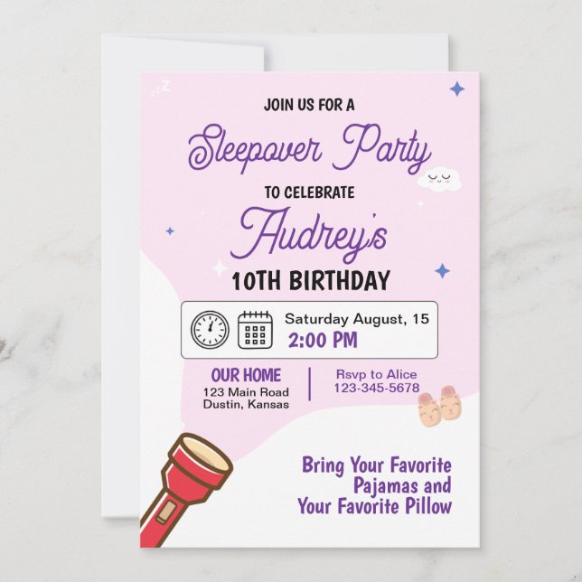 Invitación de cumpleaños para pijamada (Anverso)