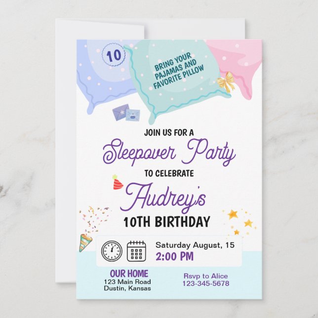 Invitación de cumpleaños para pijamada (Anverso)