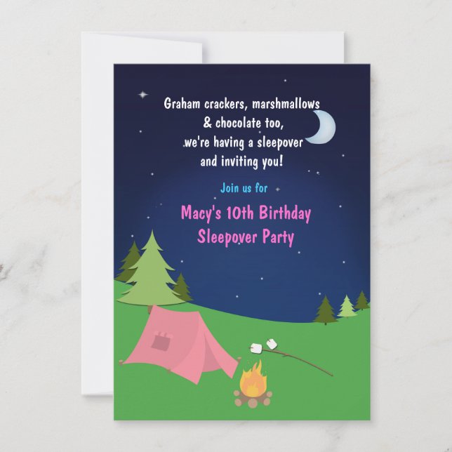 Invitación de cumpleaños para pijamada de camping  (Anverso)