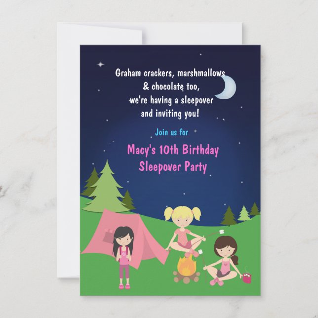 Invitación de cumpleaños para pijamada de camping  (Anverso)
