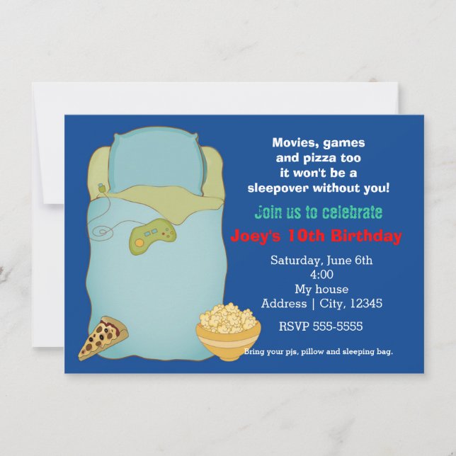 Invitación de cumpleaños para pijamada de chicos (Anverso)