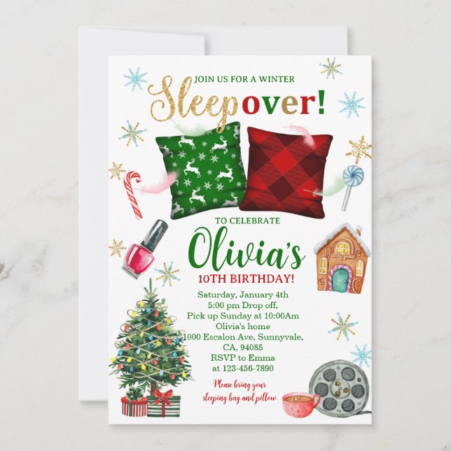 Invitación de cumpleaños para pijamada de Navidad (Anverso)