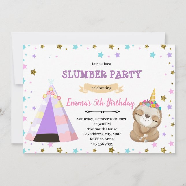 invitación de cumpleaños para pijamada de Slothico (Anverso)