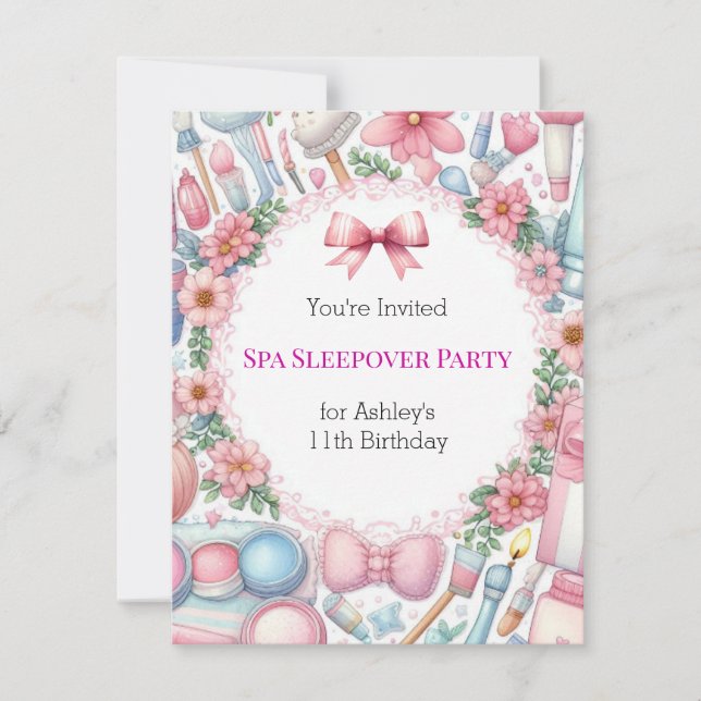 Invitación de cumpleaños para pijamada en Cute Bow (Anverso)