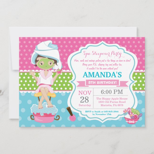 Invitación de cumpleaños para pijamada en el spa (Anverso)