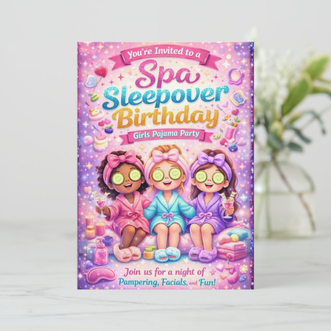 Invitación de cumpleaños para pijamada en Spa para (Anverso de pie)
