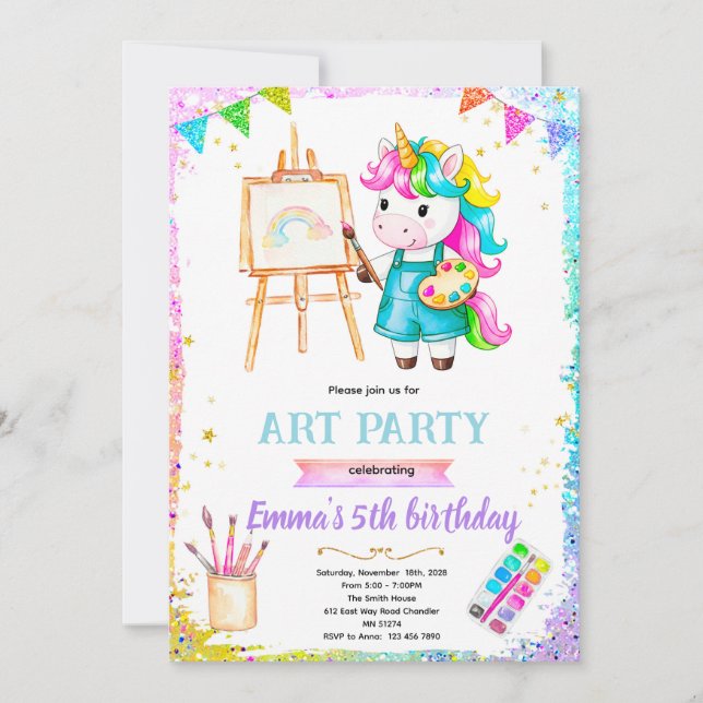 invitación de cumpleaños para pintar unicornios (Anverso)