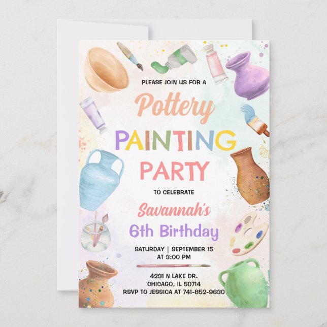 Invitación de cumpleaños para pintura de cerámica (Anverso)