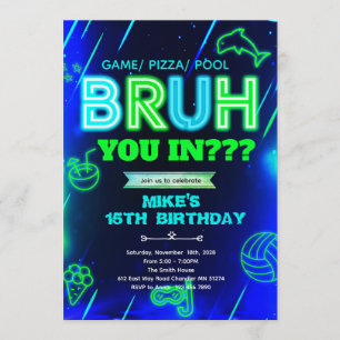 Invitación de cumpleaños para piscina Bruh Neon