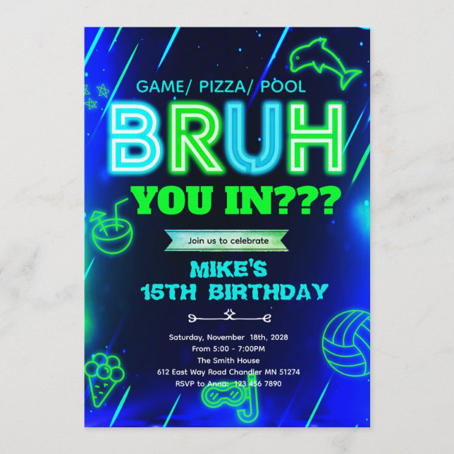 Invitación de cumpleaños para piscina Bruh Neon (Anverso)
