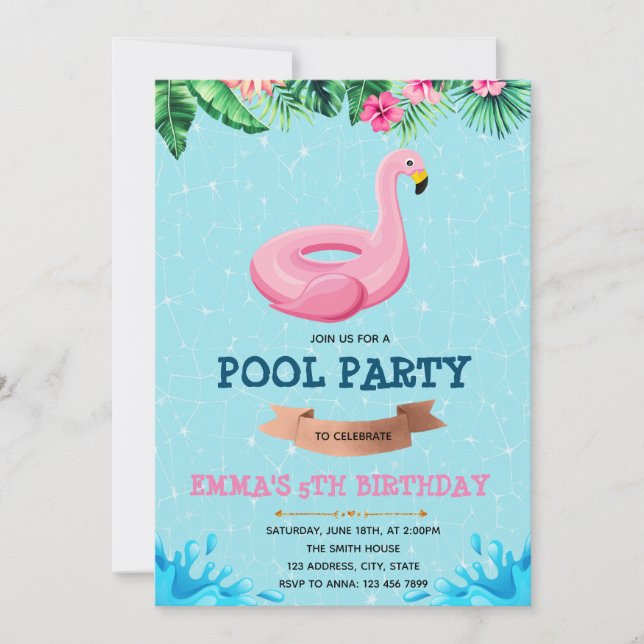 Invitación de cumpleaños para piscina con flamenco (Anverso)