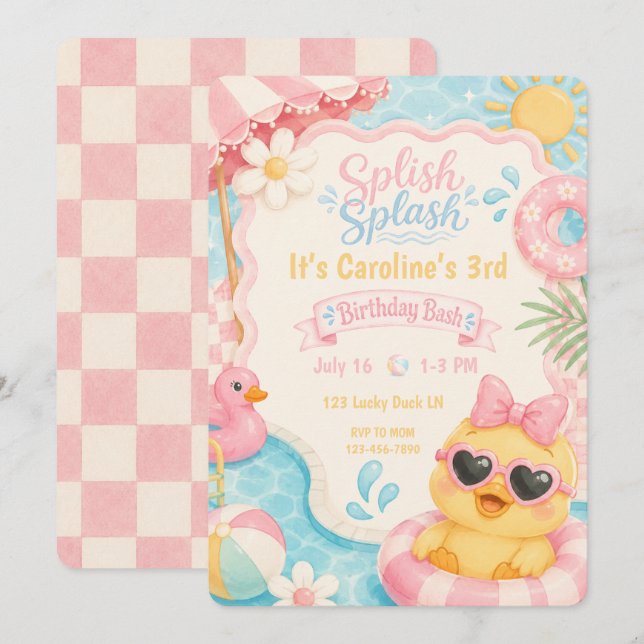 Invitación de cumpleaños para piscina de patos Spl (Anverso / Reverso)