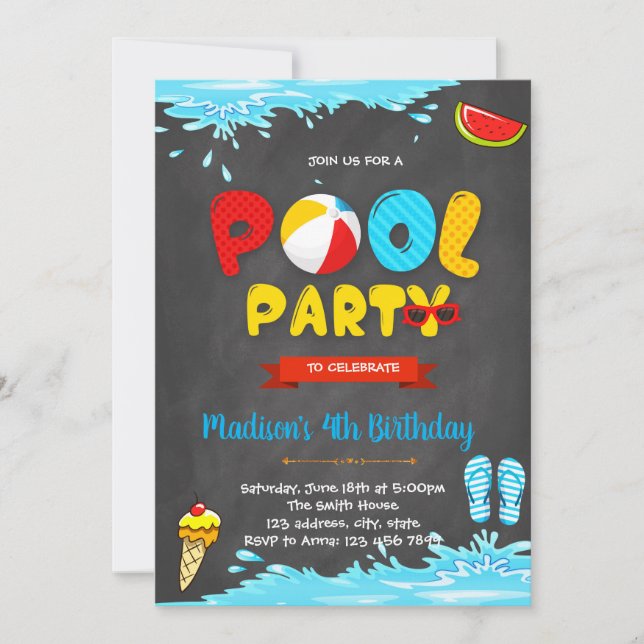 Invitación de cumpleaños para piscina linda (Anverso)