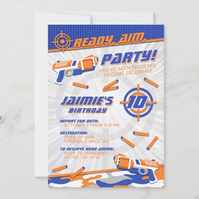 Invitación de cumpleaños para pistola de dardos de (Anverso)