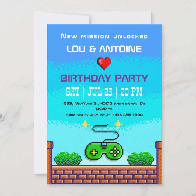 Invitación de cumpleaños para Pixel Gamer (Anverso)