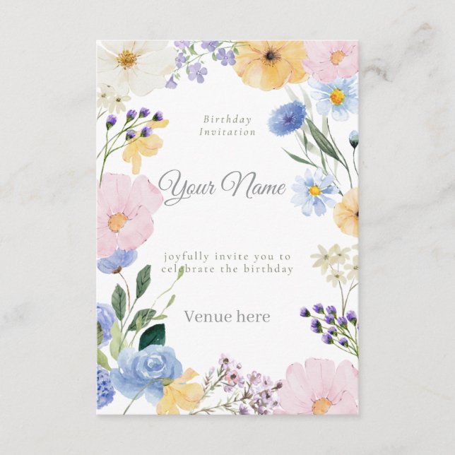 Invitación de cumpleaños para prado de flores silv (Anverso)