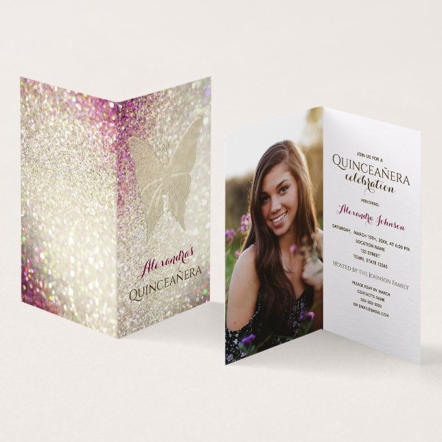 Invitación de cumpleaños para Quinceañera con foto (Interior y exterior)
