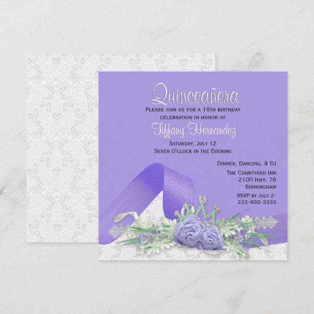 Invitación de cumpleaños para Quinceañera con Rosa (Anverso / Reverso)