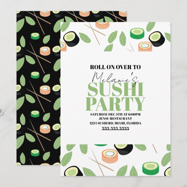 Invitación de cumpleaños para rollos de sushi negr (Anverso / Reverso)