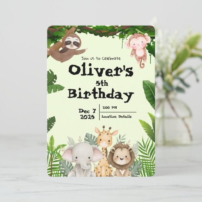 Invitación de cumpleaños para safari en la jungla (Anverso de pie)