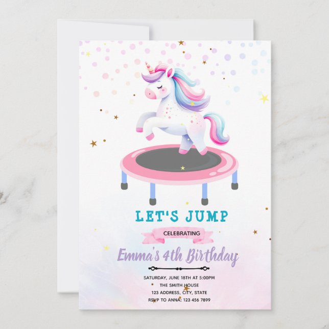 invitación de cumpleaños para saltar de unicornio (Anverso)