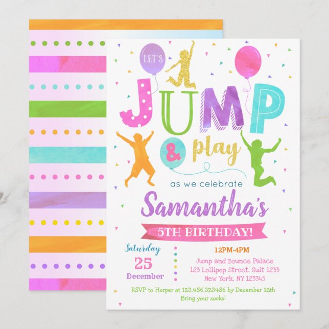 Invitación de cumpleaños para saltar en trampolín  (Anverso / Reverso)